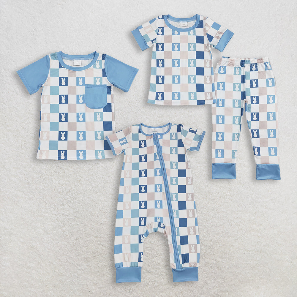 RTS NO MOQ Sibling Baby Boys Blue Checkered Rabbit Print Rompers Pajamas Set Cute Outfit