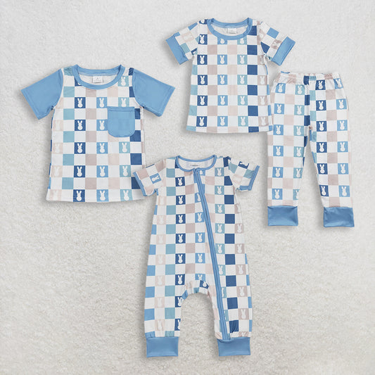 RTS NO MOQ Sibling Baby Boys Blue Checkered Rabbit Print Rompers Pajamas Set Cute Outfit