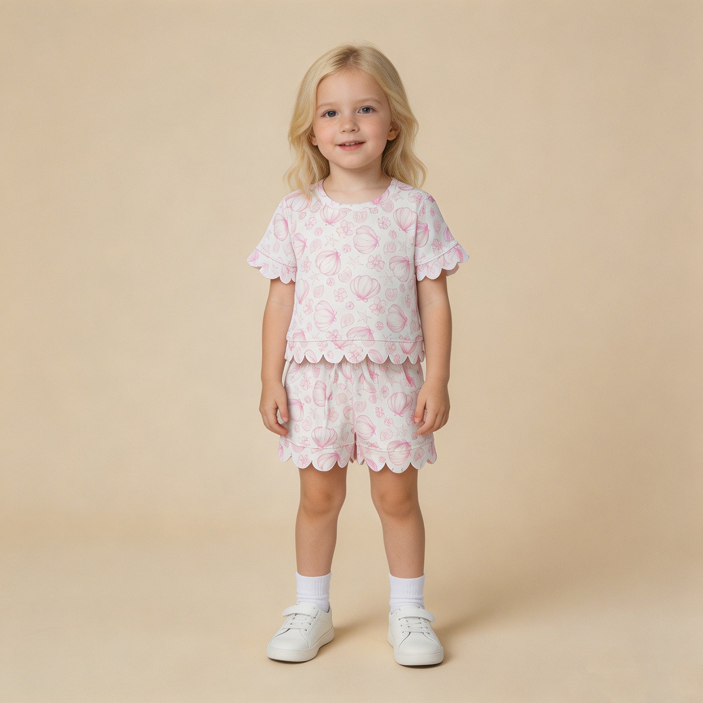 RTS NO MOQ milk silk GSSO3729 Baby Girls Shell Flower Print Top Pocket Scallop Short Set