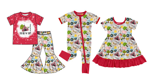 25.7.1 custom each style moq 5eta 4-6week Sibling Sisters farm baby girl long sleeve pants sets and dress and rompers match family design