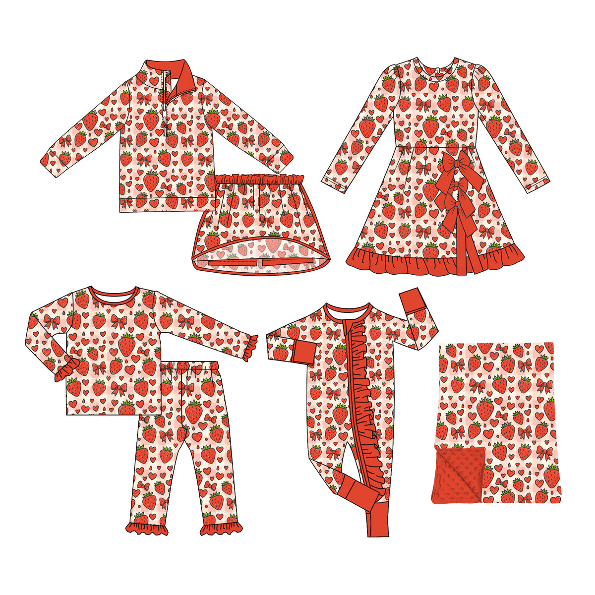 (Preorder new) No moq Baby Girls Hearts Strawberry Bows Zip Pullover Skirt Short Valentines Set Dress Blanket