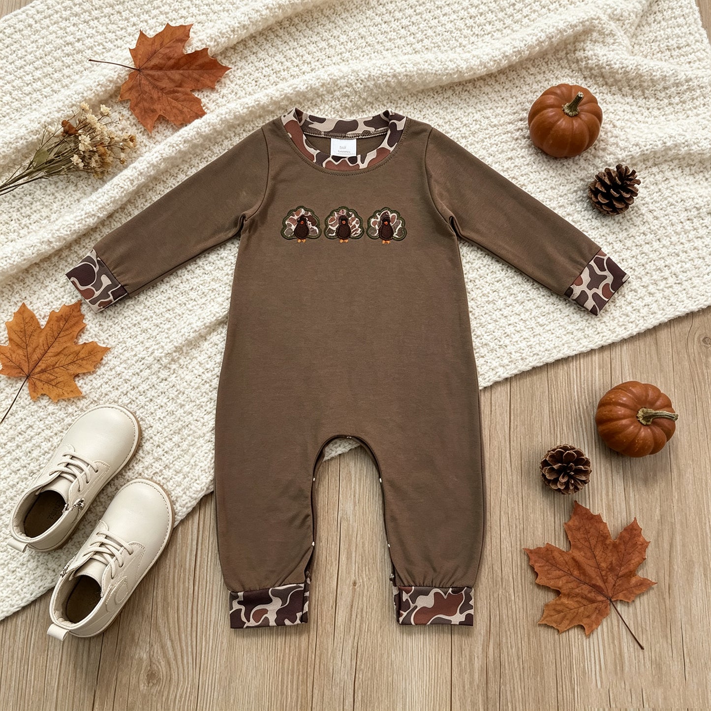 NEW RTS NO MOQ milk silk LR3108 Embroidery Baby Boys Camo Turkey Thanksgiving Romper Holiday Outfit