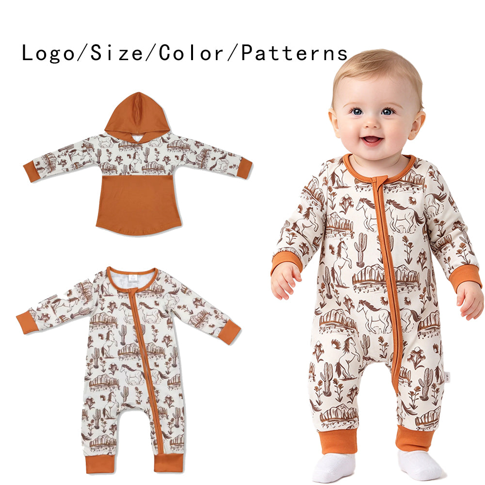 RTS NO MOQ Sibling milk silk Baby Boys Western Horse Cactus Print Hooded Shirt And Zipper Long Sleeve Romper