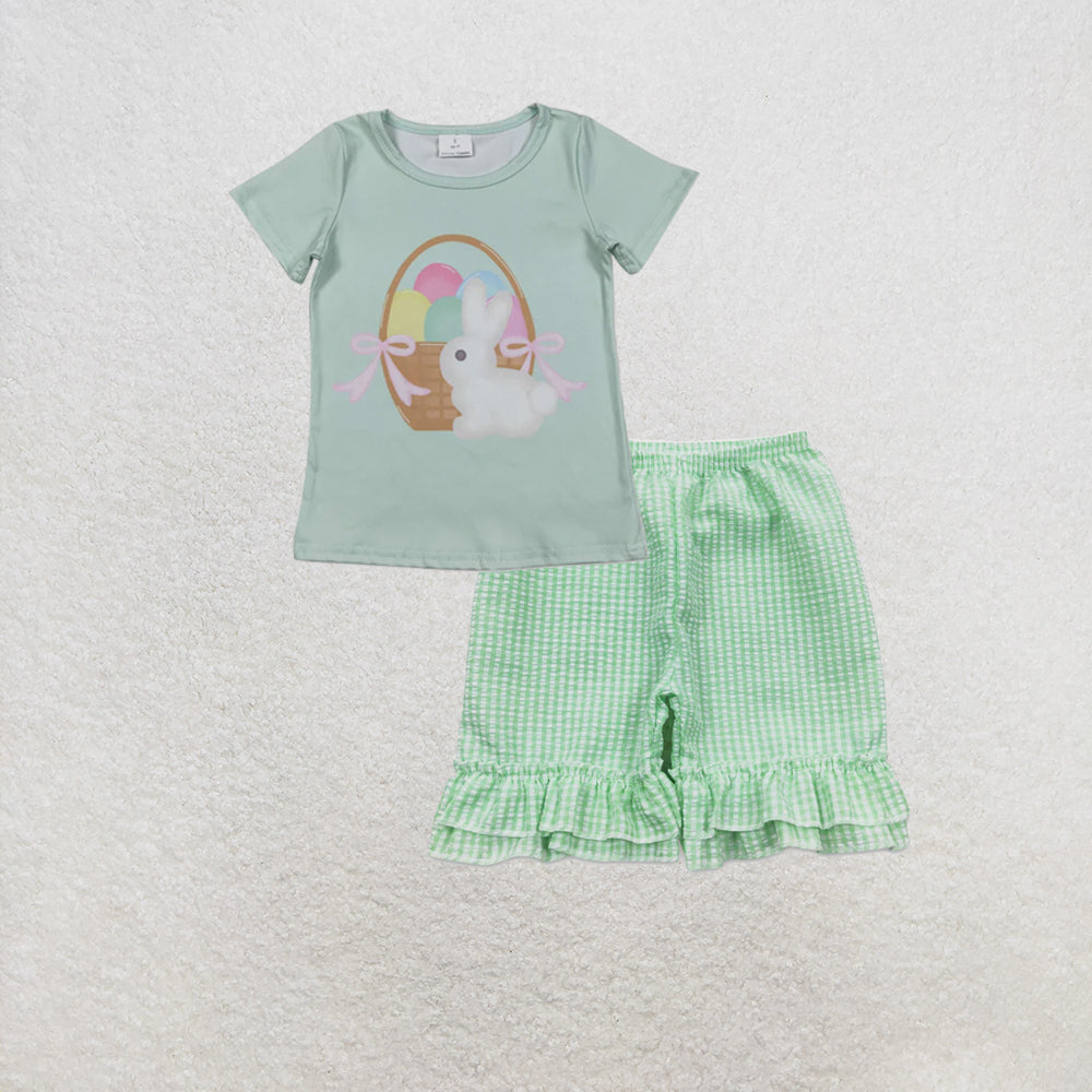 RTS NO MOQ milk silk GT1396+SS0066 Baby Girls Short Sleeve Rabbits Eggs Easter T-shirts Ruffle Plaid Shorts Set