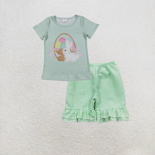 RTS NO MOQ milk silk GT1396+SS0066 Baby Girls Short Sleeve Rabbits Eggs Easter T-shirts Ruffle Plaid Shorts Set