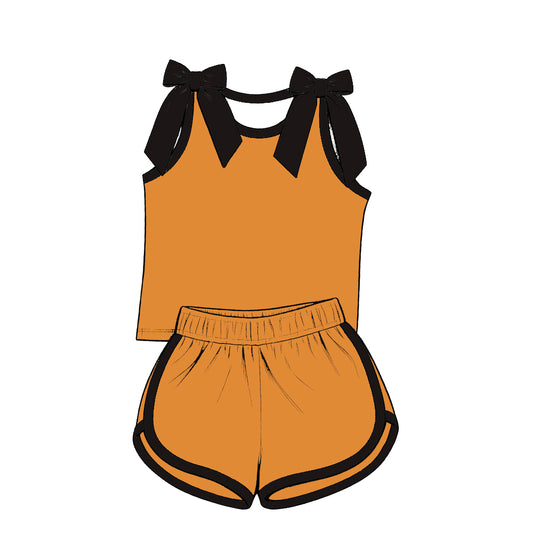 custom moq 5 mix size Baby Girls Black Bow Sleeveless Orange Top Shorts Summer Cute Set