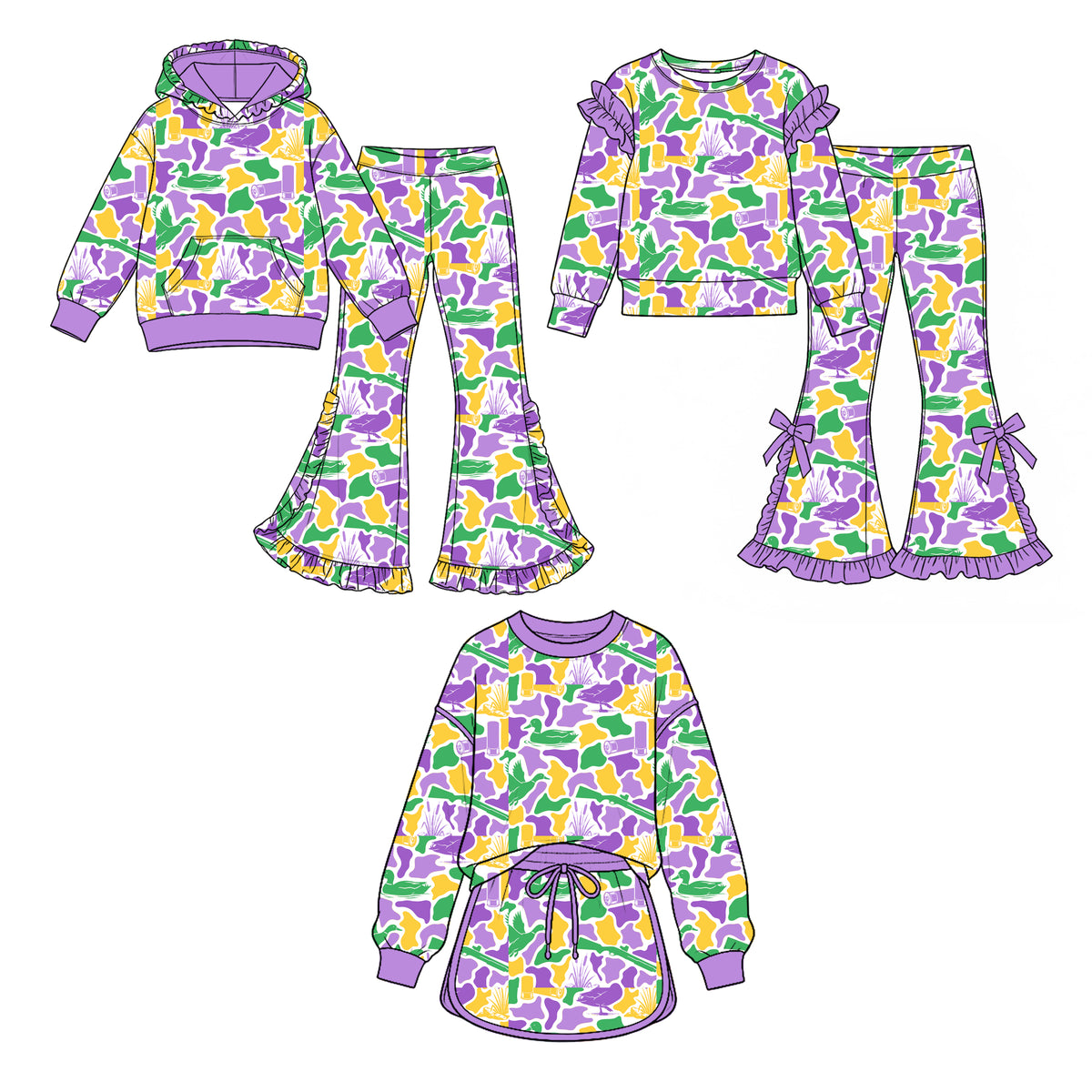(Preorder new) No moq Baby Girls Camo Print Outfit Set Purple Green Gold Duck Camouflage Hoodie Ruffle Flare Pants Ruffle Sleeve Top Skirt Outfit