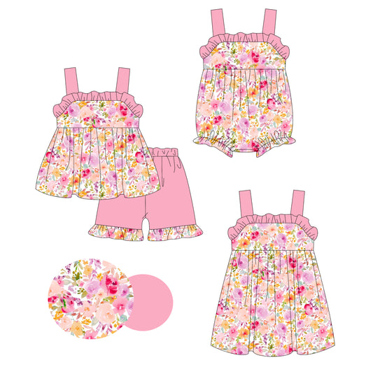 3.3 custom each style moq 5eta 4-6week Sibling Sister floral baby girl short sleeve shorts sets and dress and rompers match family design