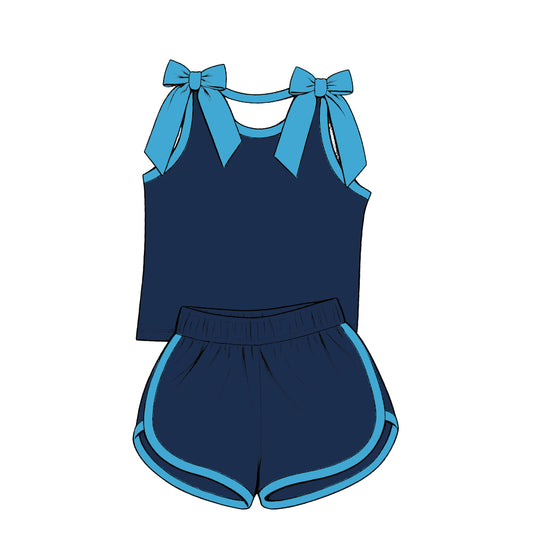 custom moq 5 mix size Baby Girls Blue Bow Sleeveless Navy Blue Top Shorts Summer Cute Clothing Set
