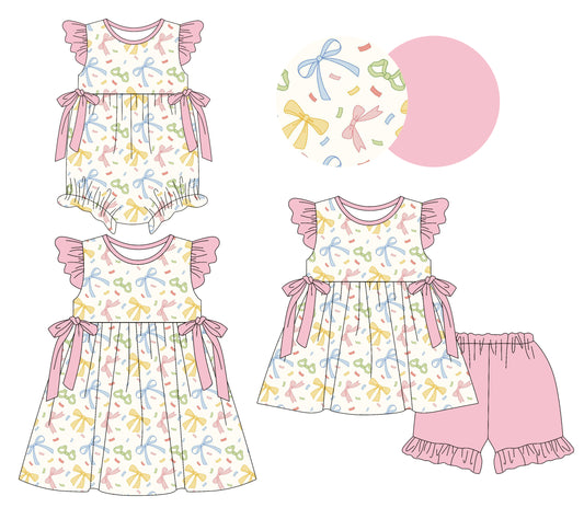 25.12.20 custom each style moq 5 eta 6-8week Sibling Sister bow baby short sleeve shorts sets and romper and dress match design