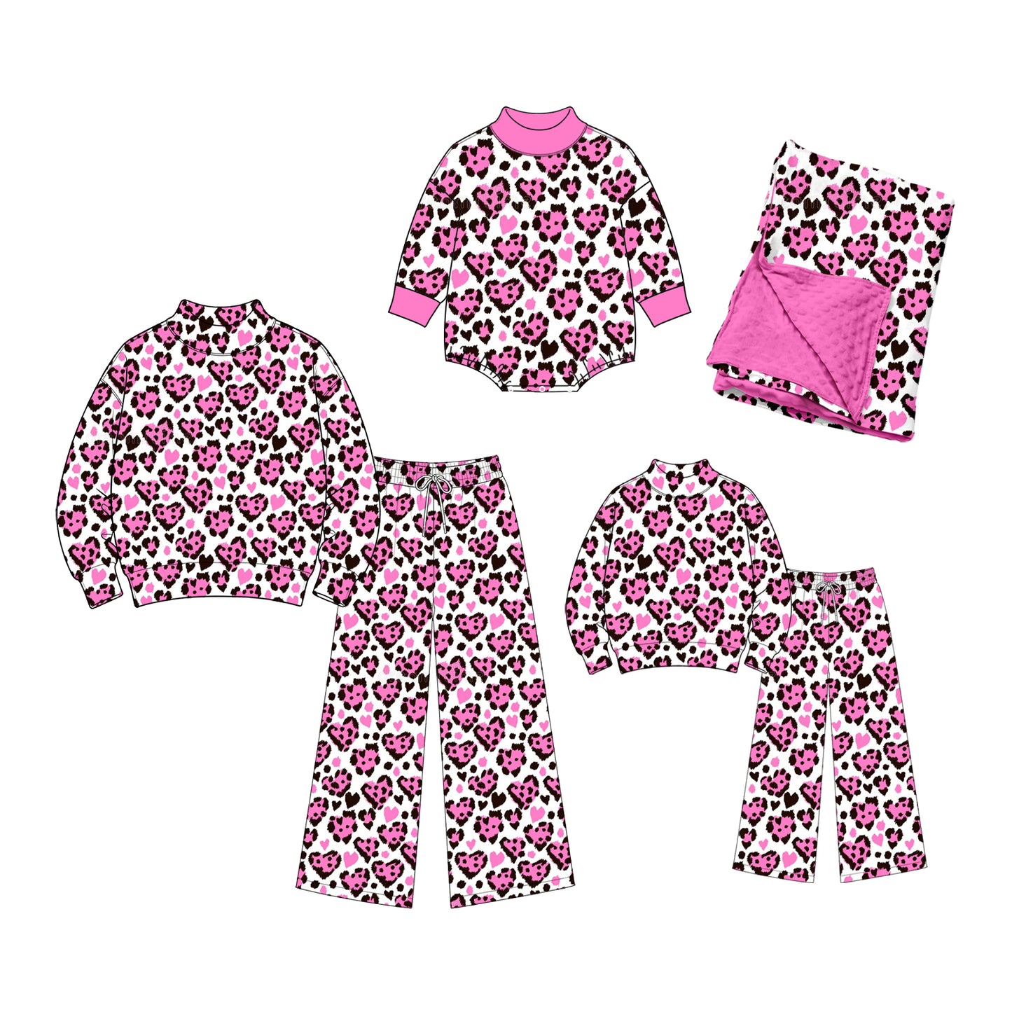 (Preorder new) No moq Adult To Match Kids Pink Heart Leopard Print Mock Neck Long Sleeve Romper Sweatshirt Wide Leg Pants And Blanket Fall 4 Piece Clothes Set