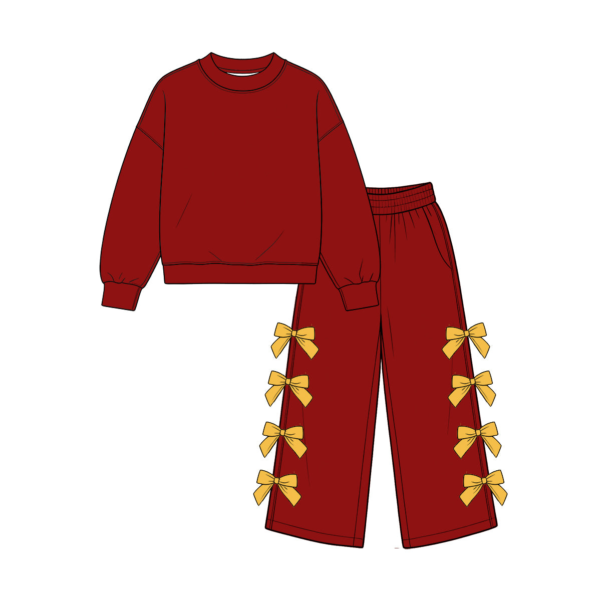 custom moq 5 mix size Baby Girls Burgundy Long Sleeve Top And Yellow Bow Wide Leg Pants Fall Casual Outfit