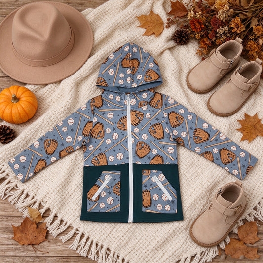 NEW RTS NO MOQ milk silk BT1342 Baby Boys Baseballs Stars Print Pocket Zipper Team Hoodies Top