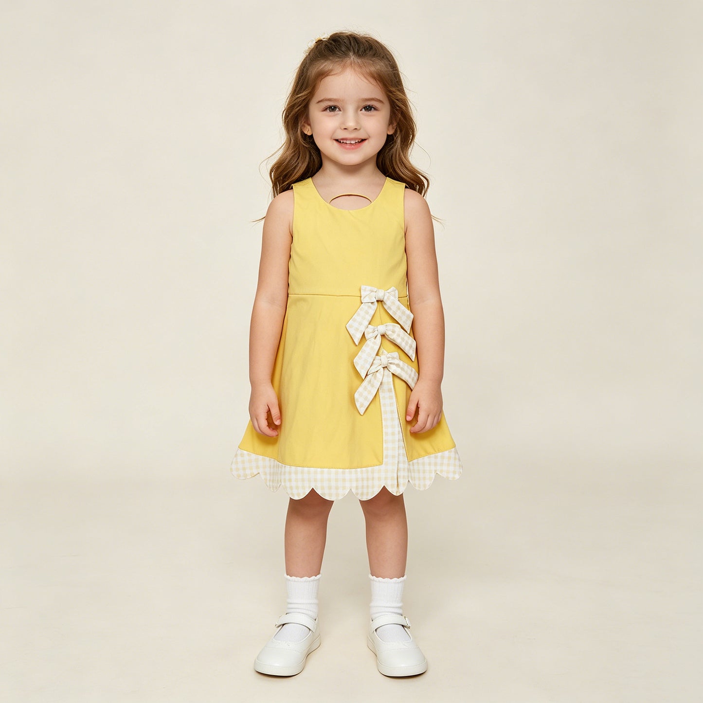 RTS NO MOQ yoga fabric GSD3318 Baby Girls Yellow Yoga Active Sleeveless Scallop Ruffle Bow Knee Dress