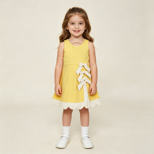RTS NO MOQ yoga fabric GSD3318 Baby Girls Yellow Yoga Active Sleeveless Scallop Ruffle Bow Knee Dress