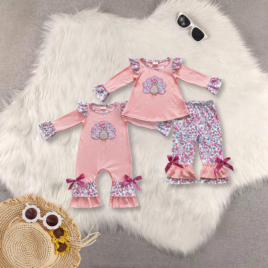 RTS Sibling baby girls clothes Embroidery thanksgiving turkey long Sleeve pants sets and rompers