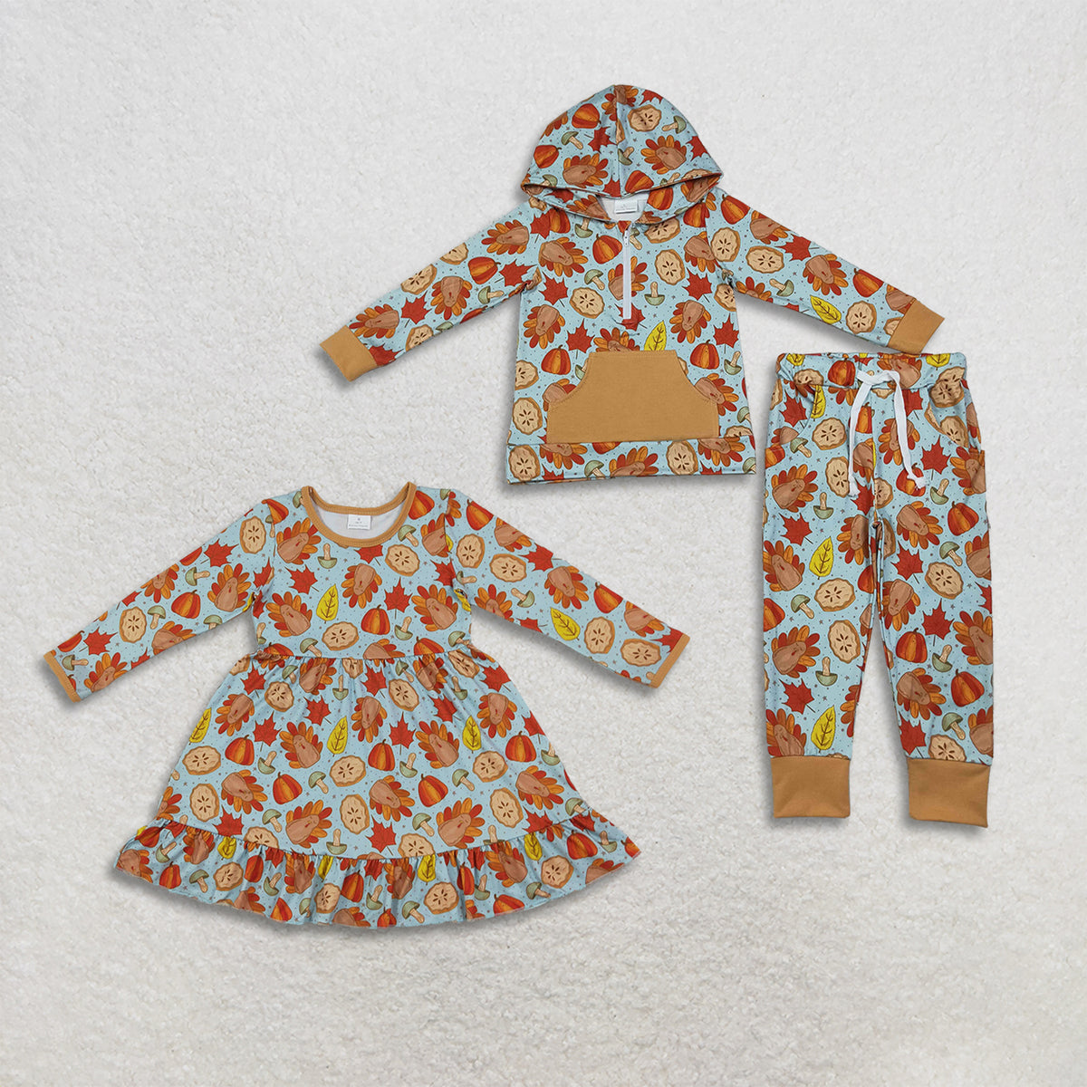 RTS NO MOQ Sibling milk silk Baby Kids Thanksgiving Turkey Pumpkin Print Long Sleeve Dress Hoodie Pant Set