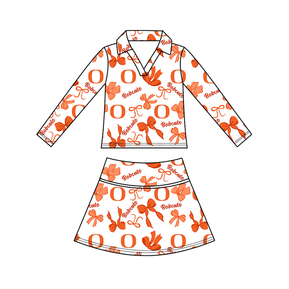 Custom moq 5 mix size summer teams Girls Orange Polka Dot Top Shorts Set Bows Print Top Skirt Set Zipper Pullover Pants Set