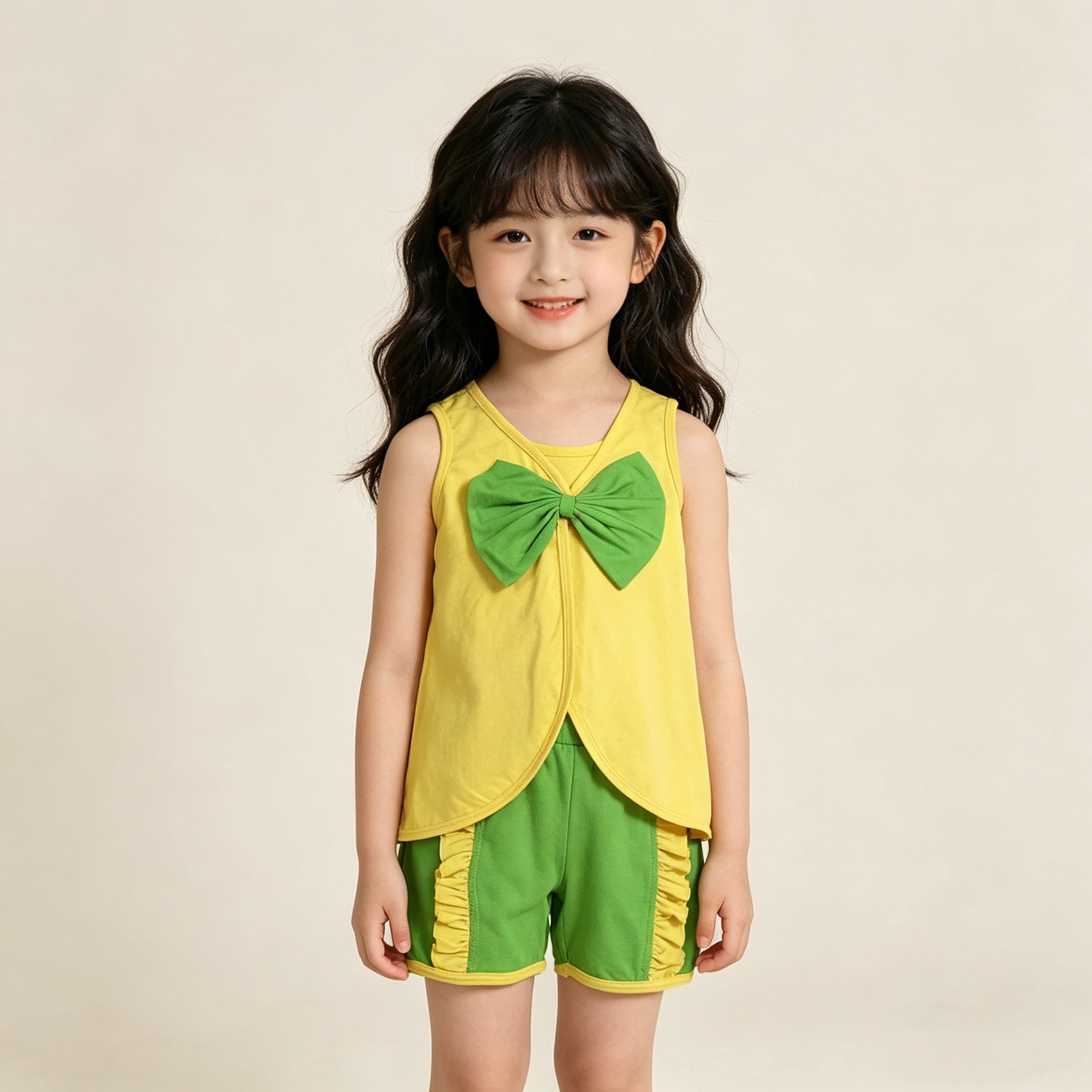 RTS NO MOQ GSSO3464 Baby Girls Green Ruffle Shorts Outfit Sleeveless Back Bows Tunic Top And Bottoms Set for Spring Summer