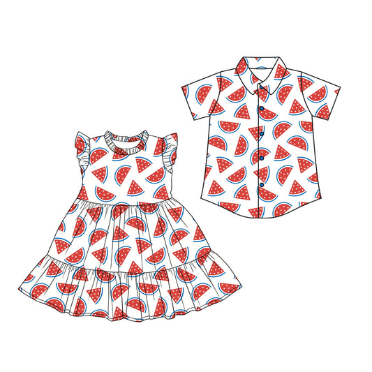 2.28 Custom moq 5 mix size Sibling Baby Girl's Flutter Sleeve Dress Baby Boy's Short-Sleeved Button Shirt Matching Outfit Set for Infants