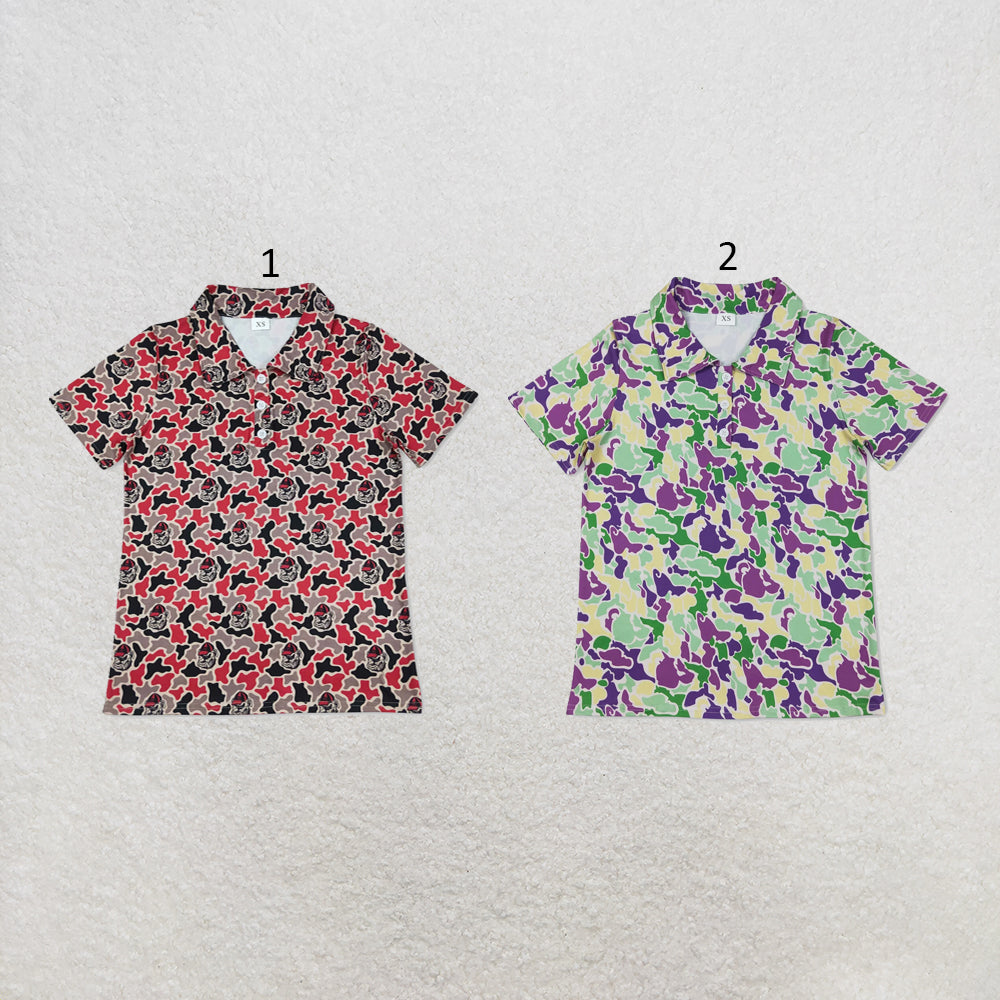 RTS NO MOQ Sibling milk silk Adult Men Camo Print Short Sleeve Button Polo Shirt Casual Top
