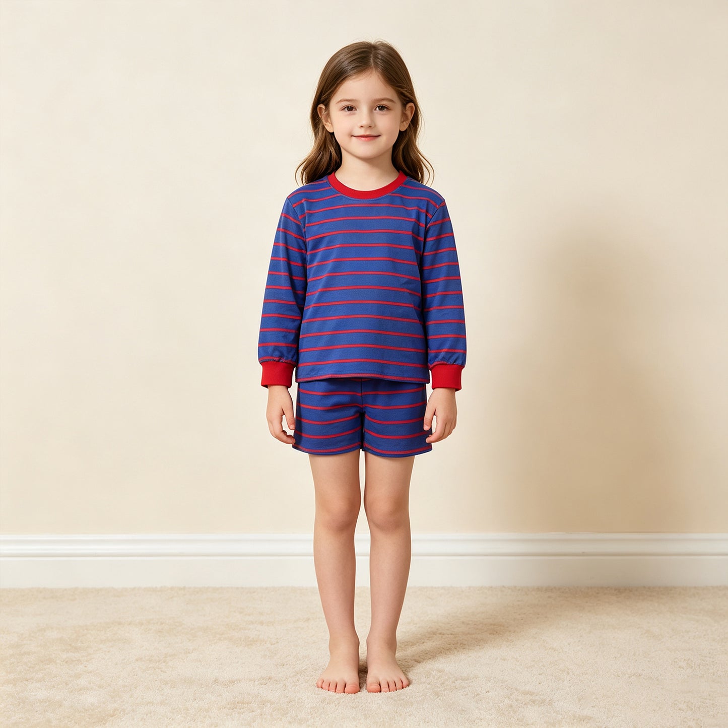 NEW RTS NO MOQ yoga fabric GLS0157 Yoga Baby Girls Red Blue Stripe Shirt Top Shorts Kids Active Sets
