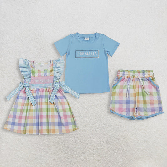 RTS NO MOQ Sibling Embroidery 'I Love Mama' Boys Top Checked Pockets Short Girls Colorful Checked Knee Length Dress