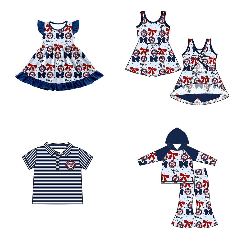 Custom moq 5 mix size milk silk summer teams baby girls clothes team bow blue long sleeve hooded pants sets and dress 1 and dress 2 and top-25.6.17
