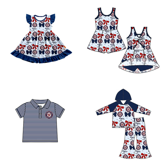Custom moq 5 mix size milk silk summer teams baby girls clothes team bow blue long sleeve hooded pants sets and dress 1 and dress 2 and top-25.6.17