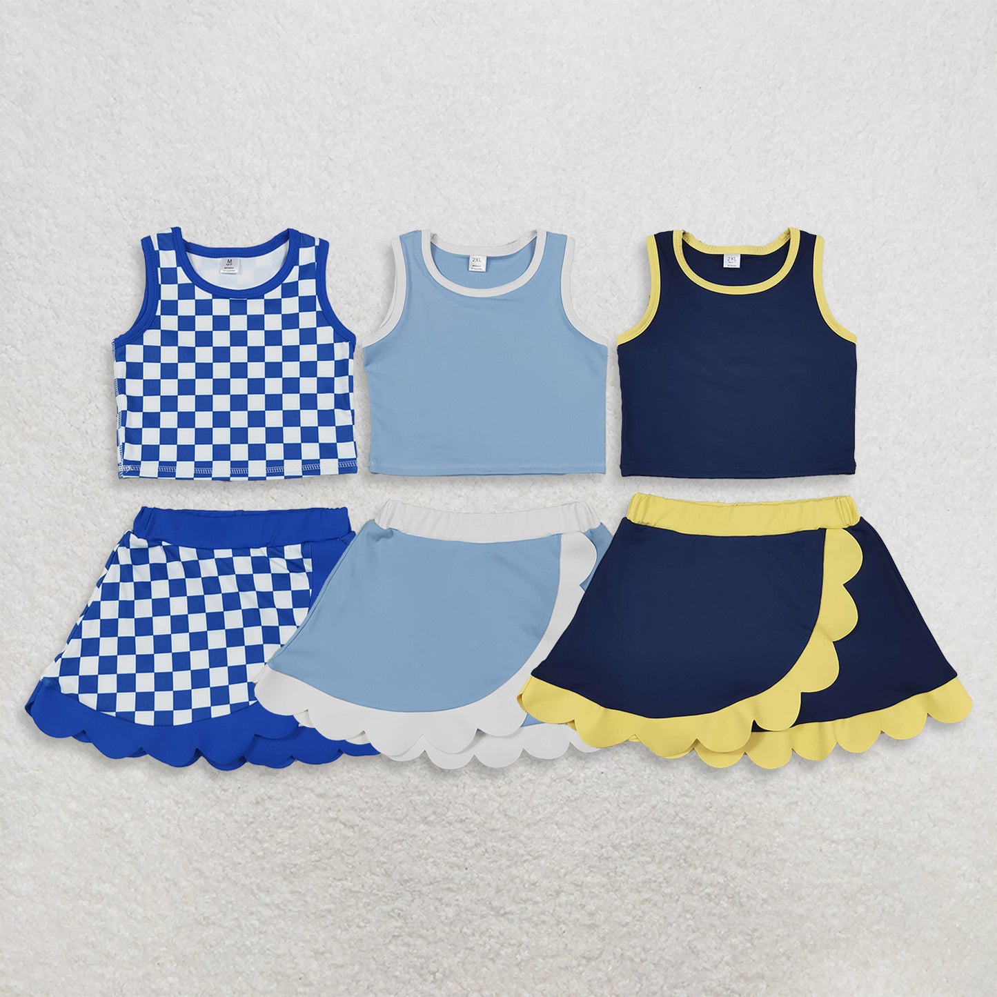 RTS NO MOQ Sibling yoga fabric Baby Girls Scallop Trim Crop Top Skort Two Piece Yoga Active Summer Outfit Set
