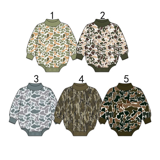 custom moq 5 mix size High Neck Baby Kids Camo Print Mock Neck Long Sleeve Fall Romper