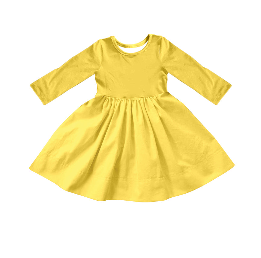 Custom moq 5 Girls Blank Cotton Long Sleeve Dress Yellow Long Sleeve Dress