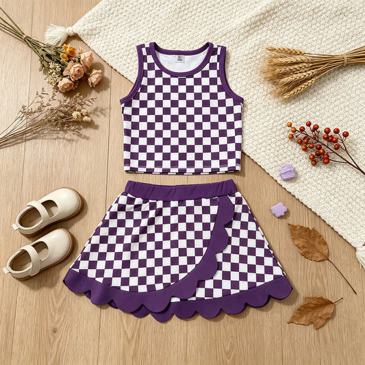 NEW RTS NO MOQ  yoga fabric GSD4251 Yoga Baby Girls Purple Plaid Scallop Trim Vest Skort Sports Active Set