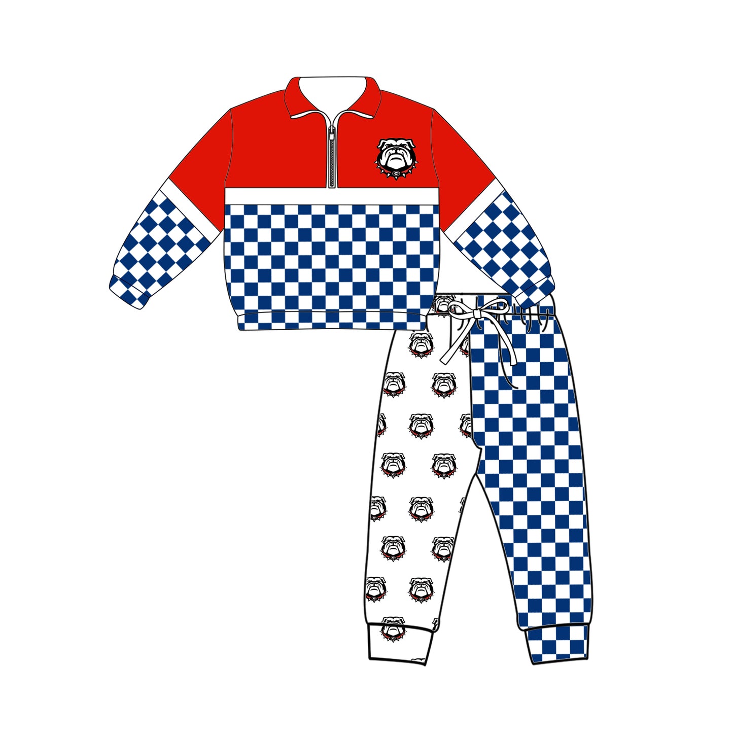 Custom moq 5 mix size summer teams Baby Plaid Long Sleeved Zip Up Top And Pants Set