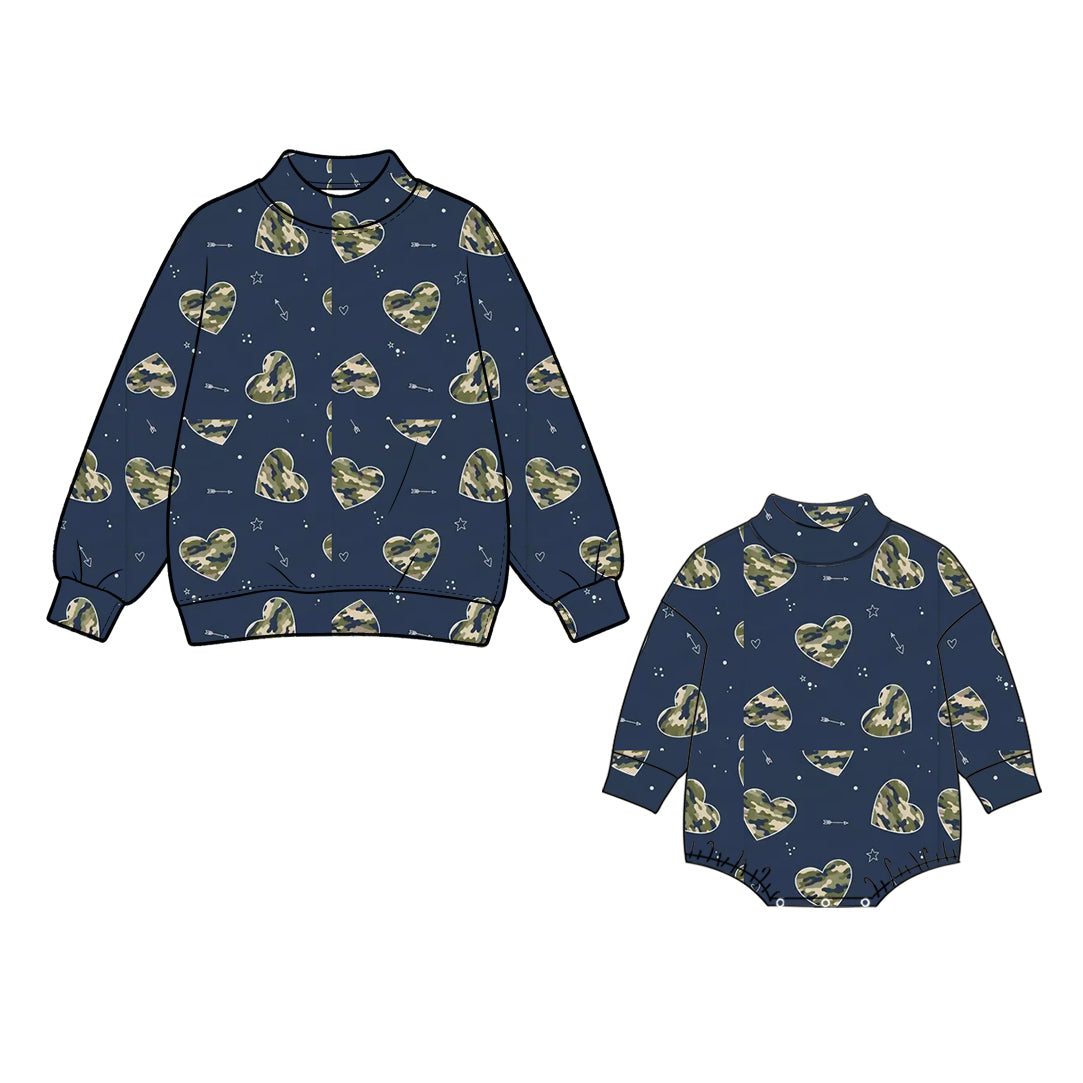 (Preorder new) No moq High Neck Baby Girls Navy Camo Heart Print Mock Neck Long Sleeve Sweatshirt And Romper
