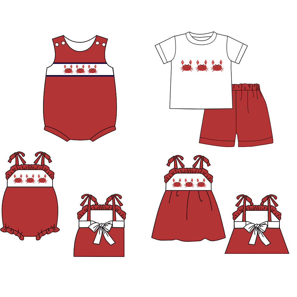 12.21 custom each style moq 5eta 4-6week Sibling Sister crab baby girl short sleeve shorts sets and girls romper and boy romper and dress match design