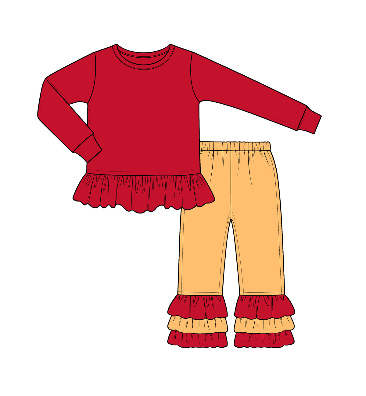 Custom moq 5 cotton fabric fall grils ruffle bow Red and orange lace long-sleeve top and trousers set blank offer custom logodie sets