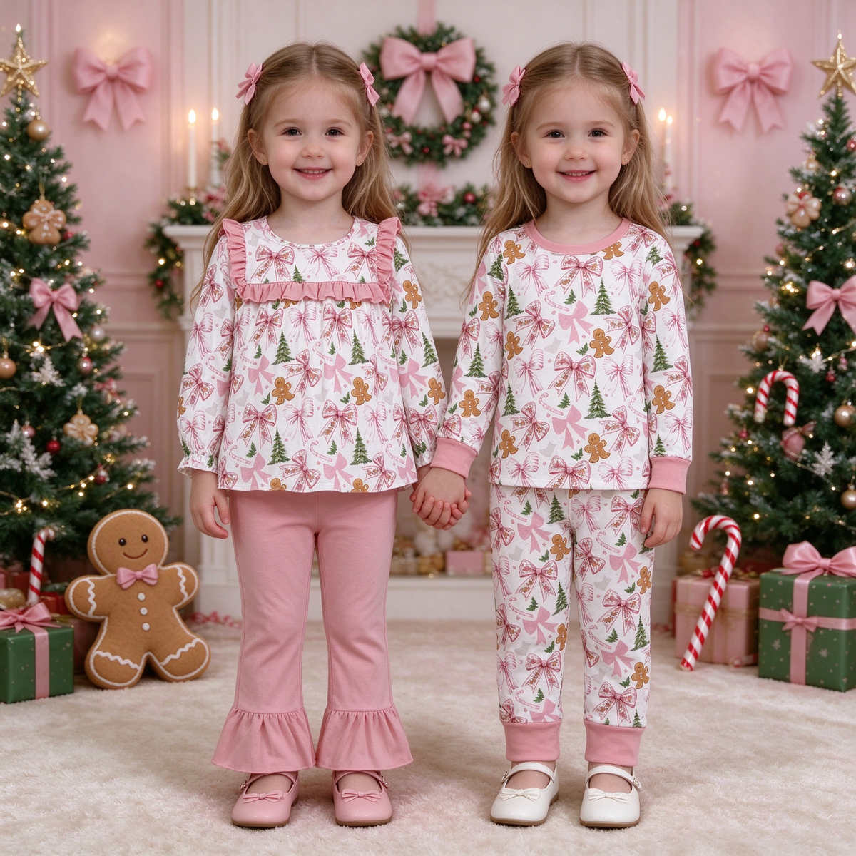 Baby Girls Christmas Gingerbread Collection - Pink Trim Lounge Set & Ruffle Flare Pant Set