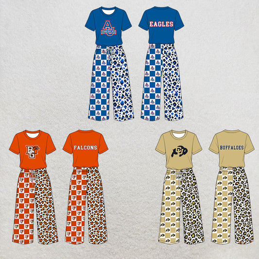 custom moq 5 mix size XY073002 Baby Girls Short Sleeve Top Checked Leopard Patchwork Pants Casual Team Outfit