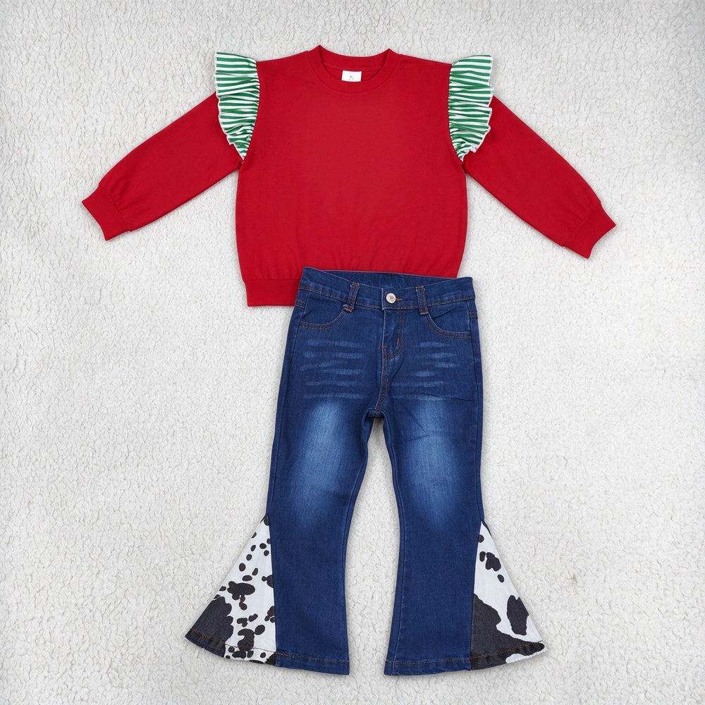 NEW RTS NO MOQ Denim GT1844+ P0304 Baby Girls Green White Striped Ruffle Shoulder Long Sleeve Red Top Cow Print Patch Bell Bottom Flare Jeans Outfit