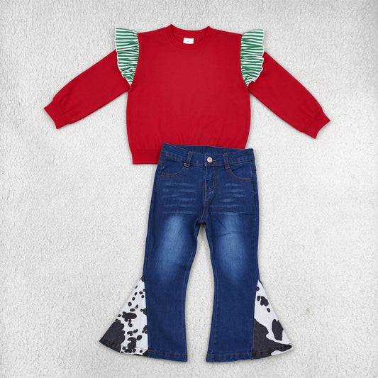 NEW RTS NO MOQ Denim GT1844+ P0304 Baby Girls Green White Striped Ruffle Shoulder Long Sleeve Red Top Cow Print Patch Bell Bottom Flare Jeans Outfit