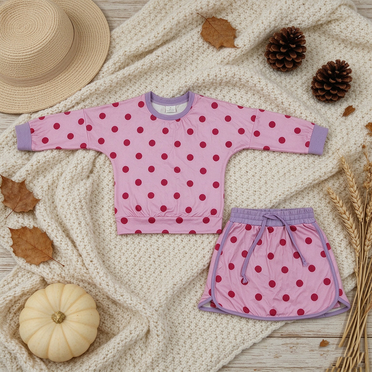NEW RTS NO MOQ milk silk GLD1763 Baby Girls Pink Polka Dot Long Sleeve Top Drawstring Skort Set