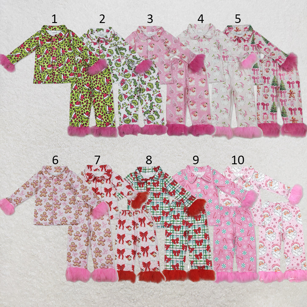 RTS NO MOQ Sibling milk silk Baby Girls Christmas Pink Fur Gingerbread Button Long Sleeve Top Pants Pajamas Outfit Set