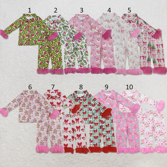 RTS NO MOQ Sibling milk silk Baby Girls Christmas Pink Fur Gingerbread Button Long Sleeve Top Pants Pajamas Outfit Set