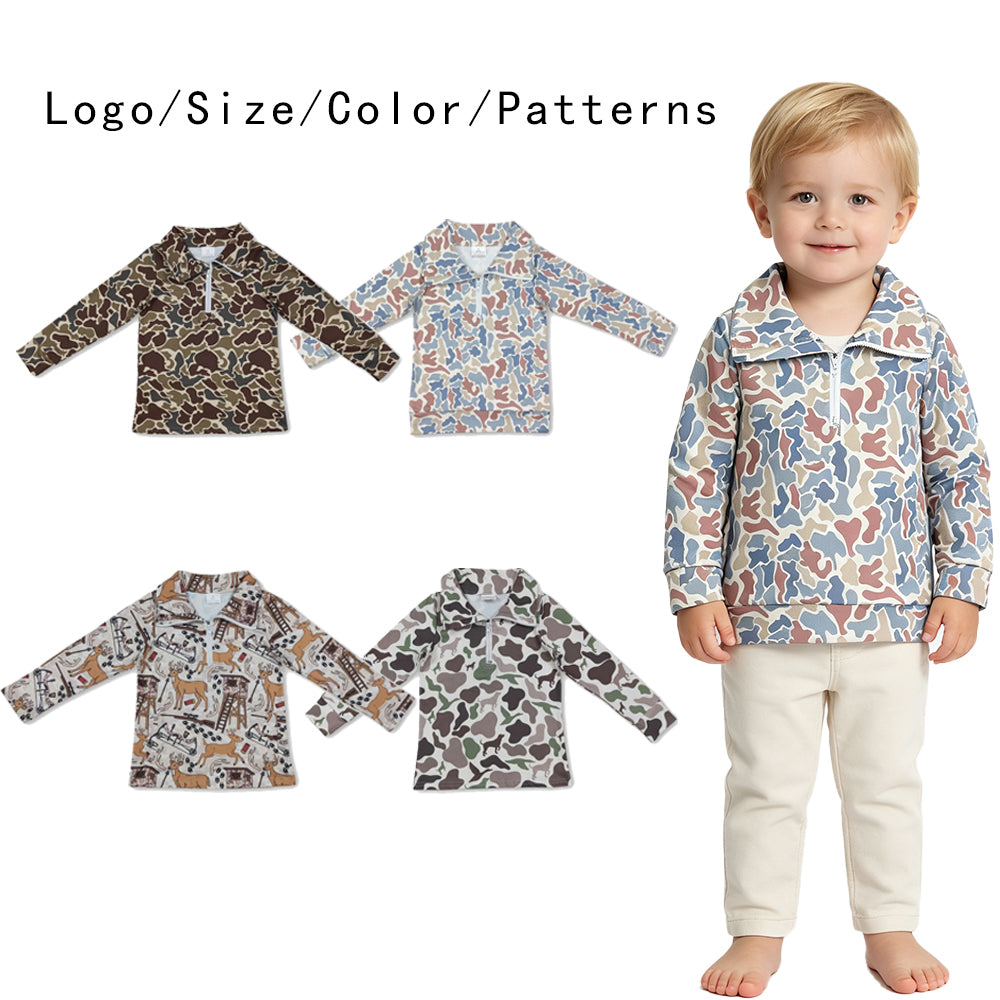 RTS NO MOQ Sibling milk silk Baby Boys Camo Deer Print Half Zip Collared Long Sleeve Shirt