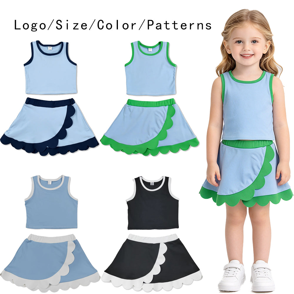 RTS NO MOQ Sibling yoga fabric cotton Baby Girls Sleeveless Tank Top And Scalloped Wrap Skort Yoga Set