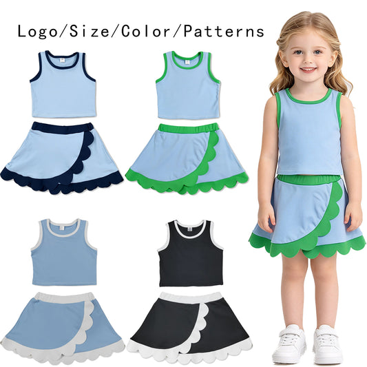 RTS NO MOQ Sibling yoga fabric cotton Baby Girls Sleeveless Tank Top And Scalloped Wrap Skort Yoga Set