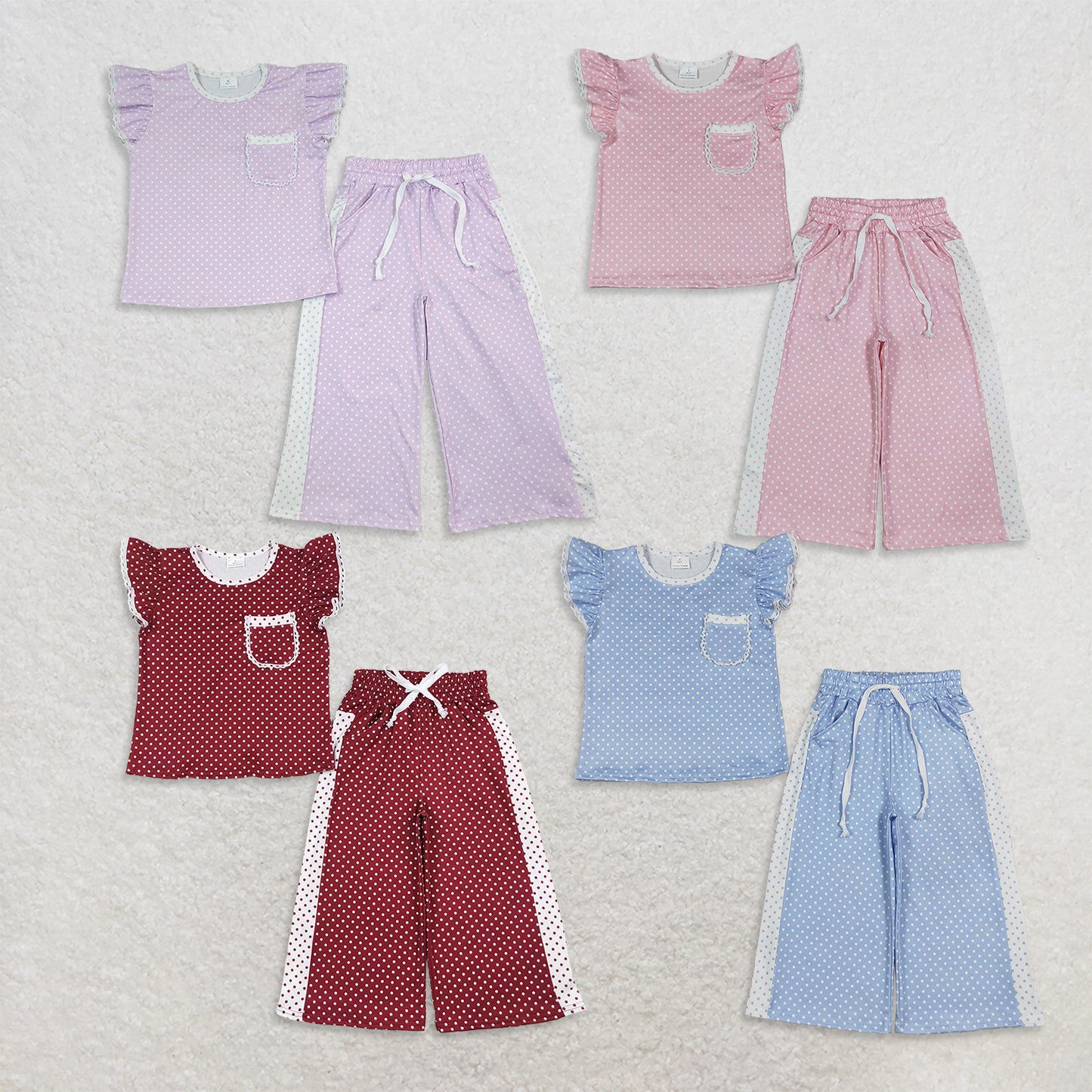 RTS NO MOQ Sibling milk silk Baby Girls Polka Dots Pocket Top Flare Pant Clothes Sets