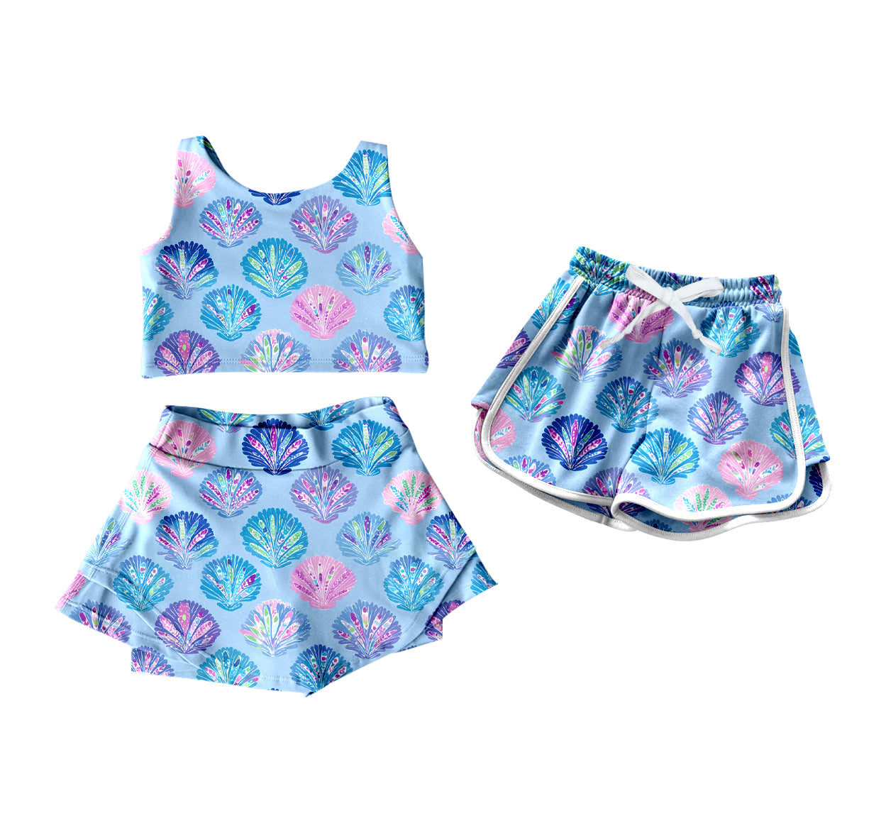 Custom moq 5 mix size Sibling Baby Girl's Summer Blue Short-Sleeved Dress Yoga Set with Shorts