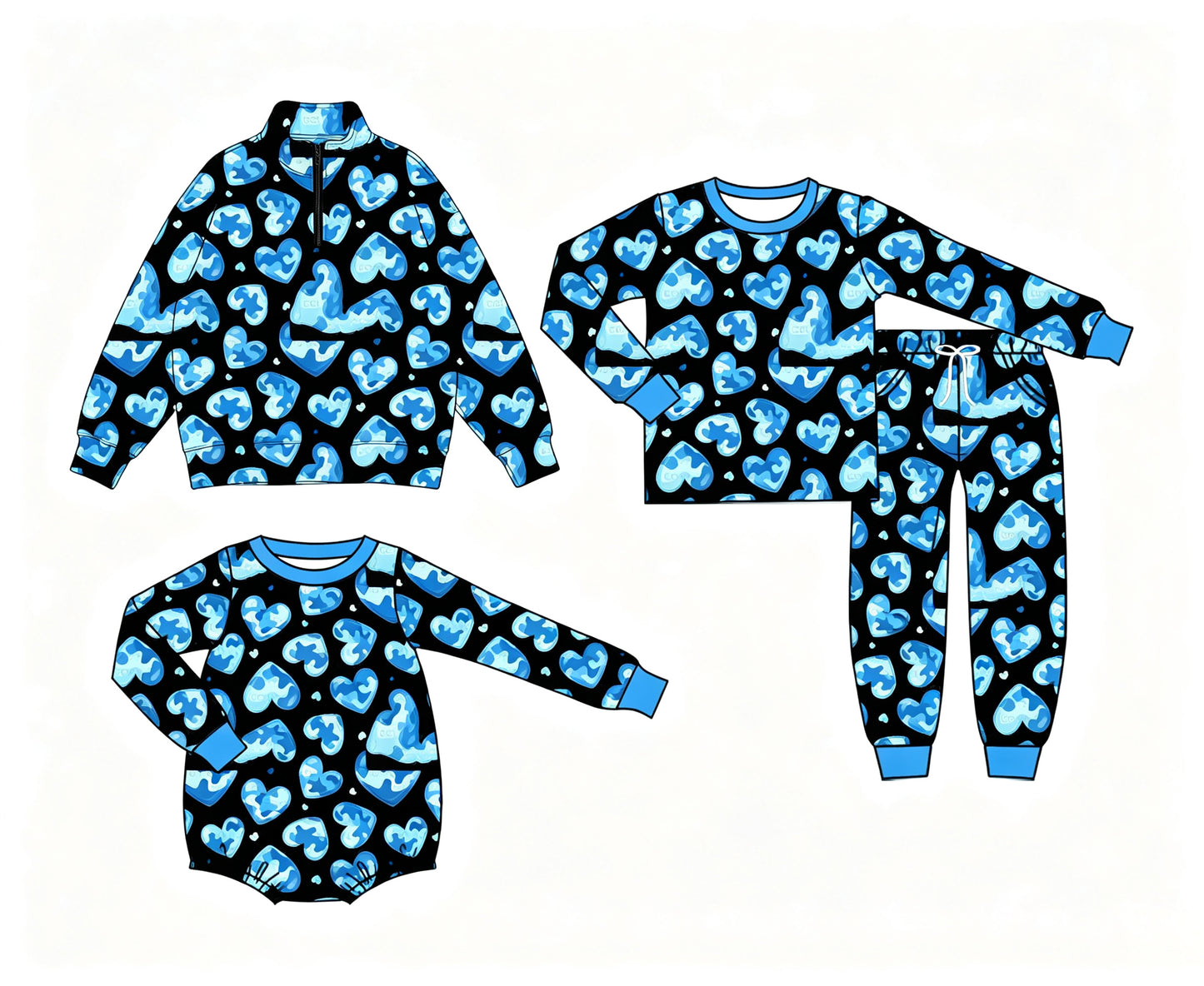 (Preorder new) No moq Baby Blue Camo Heart Print  Long Sleeve Top Pants Pajama Set Rompers Pullovers Top
